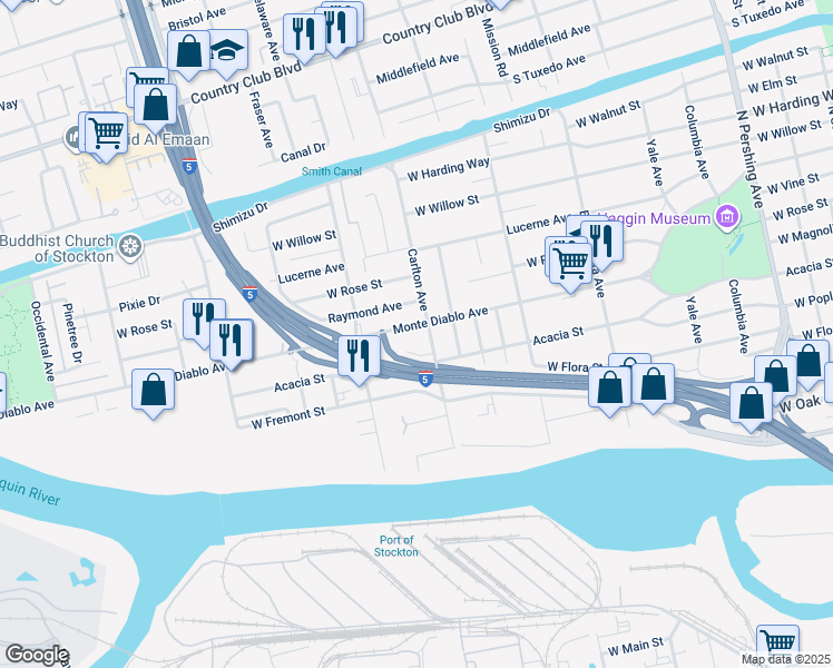 map of restaurants, bars, coffee shops, grocery stores, and more near 2120 Monte Diablo Avenue in Stockton