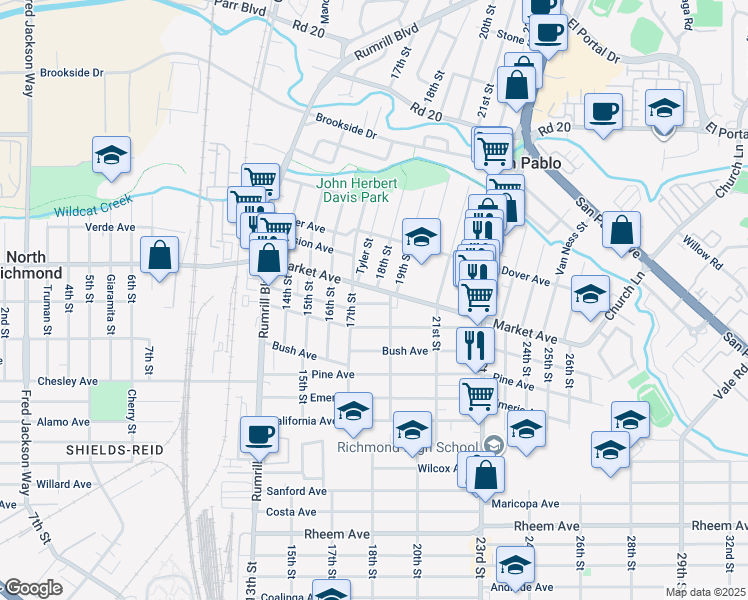 map of restaurants, bars, coffee shops, grocery stores, and more near 1731 Post Avenue in San Pablo