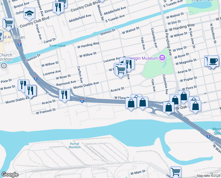 map of restaurants, bars, coffee shops, grocery stores, and more near 1895 Acacia Street in Stockton