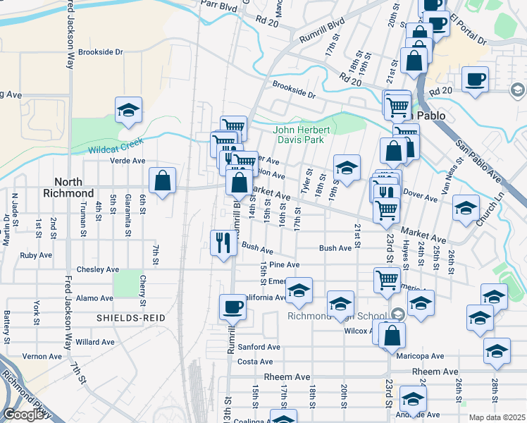 map of restaurants, bars, coffee shops, grocery stores, and more near 1733 15th Street in San Pablo