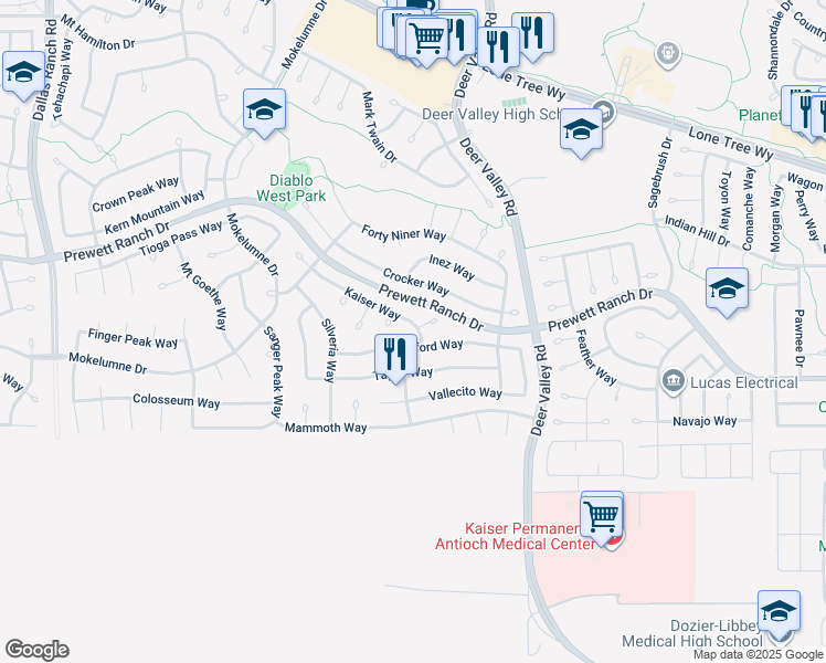 map of restaurants, bars, coffee shops, grocery stores, and more near 2468 Kaiser Way in Antioch