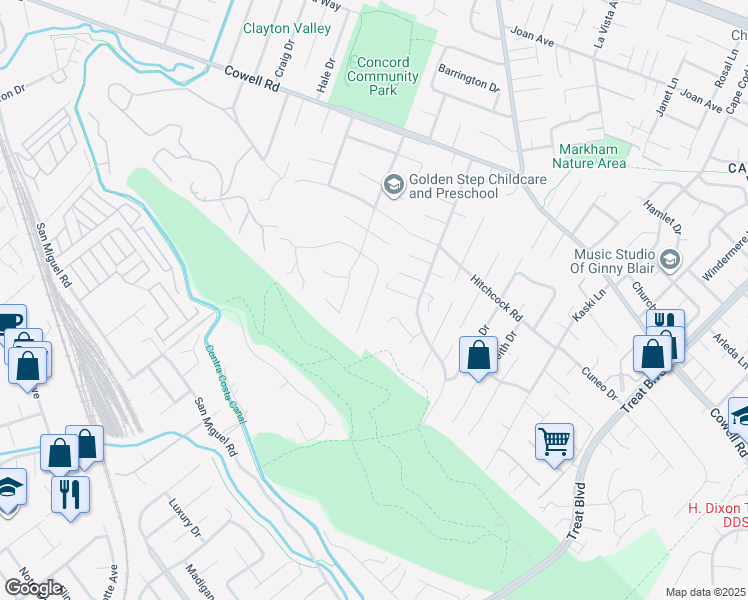 map of restaurants, bars, coffee shops, grocery stores, and more near 3745 Northridge Drive in Concord