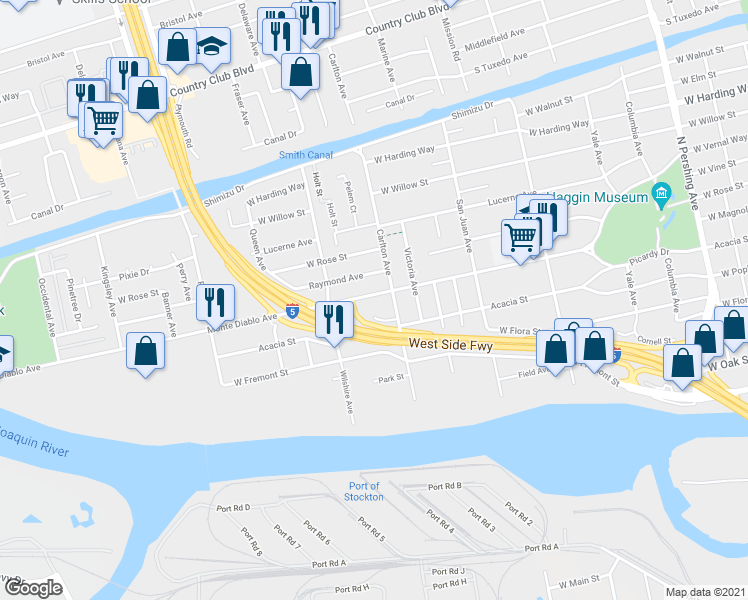 map of restaurants, bars, coffee shops, grocery stores, and more near 2146 Monte Diablo Avenue in Stockton