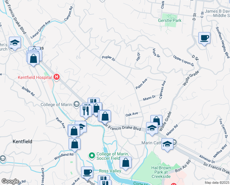 map of restaurants, bars, coffee shops, grocery stores, and more near 114 Stetson Avenue in Kentfield