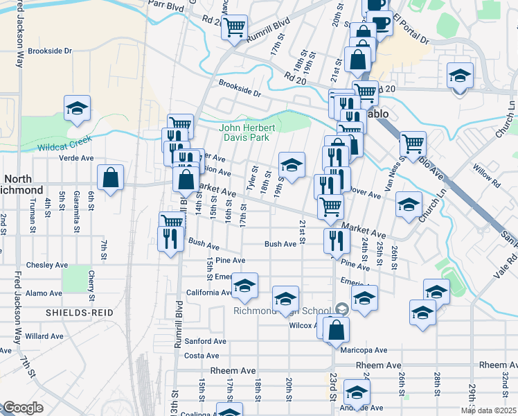 map of restaurants, bars, coffee shops, grocery stores, and more near 1731 Post Avenue in San Pablo