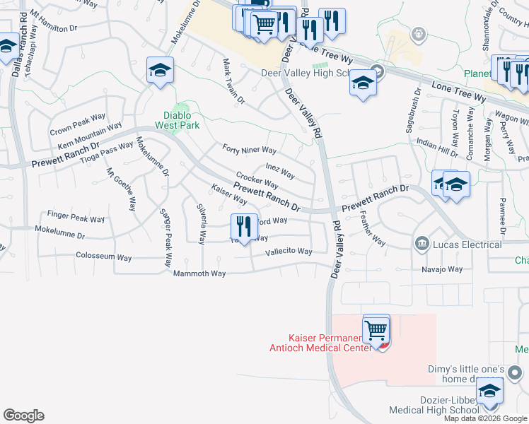map of restaurants, bars, coffee shops, grocery stores, and more near 2473 Sparrow Court in Antioch
