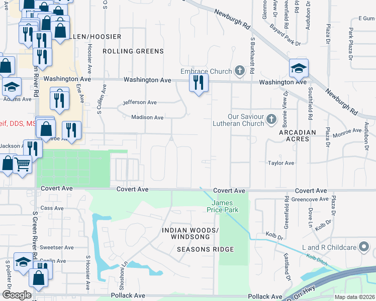 map of restaurants, bars, coffee shops, grocery stores, and more near 5823 Green Meadow Road in Evansville