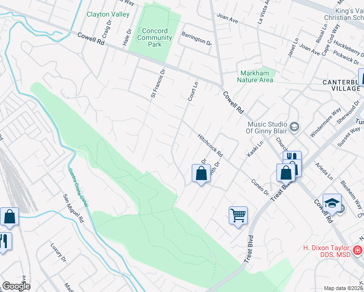 map of restaurants, bars, coffee shops, grocery stores, and more near 3819 Vintage Court in Concord