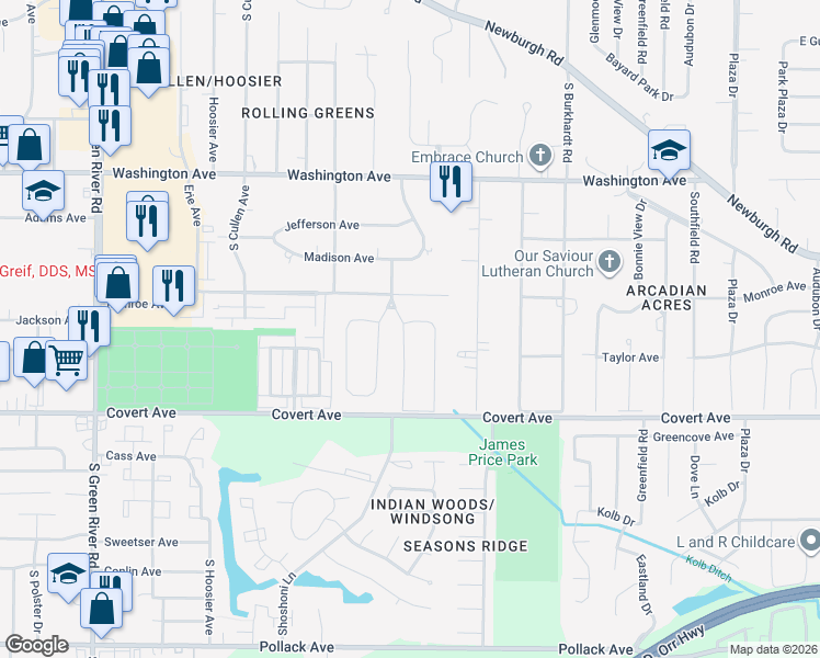map of restaurants, bars, coffee shops, grocery stores, and more near 5823 Green Meadow Road in Evansville
