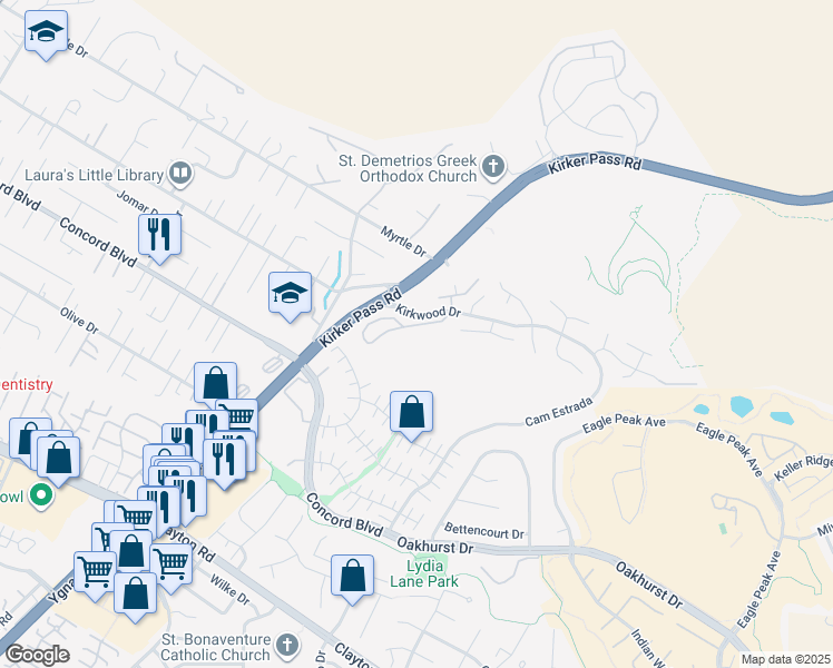 map of restaurants, bars, coffee shops, grocery stores, and more near 5450 Kirkwood Drive in Concord