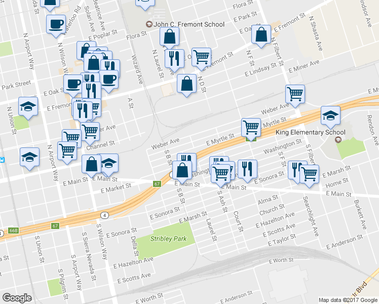 map of restaurants, bars, coffee shops, grocery stores, and more near 2074 East Myrtle Street in Stockton