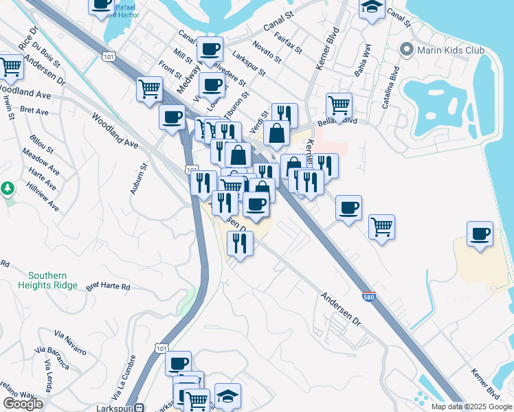 map of restaurants, bars, coffee shops, grocery stores, and more near 40 Golden Gate Drive in San Rafael