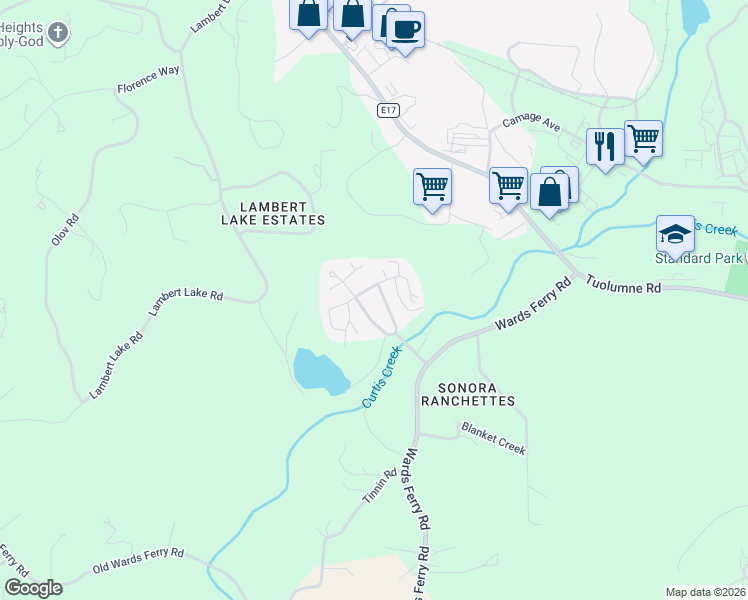 map of restaurants, bars, coffee shops, grocery stores, and more near 18330 Wards Ferry Road in Sonora