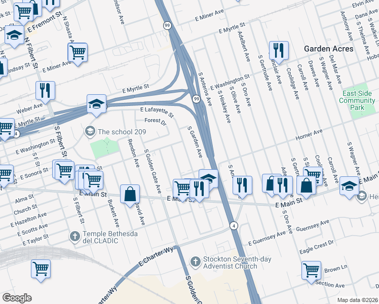map of restaurants, bars, coffee shops, grocery stores, and more near 504 South Broadway Avenue in Stockton