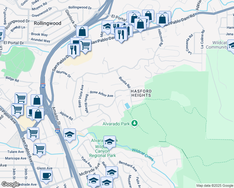 map of restaurants, bars, coffee shops, grocery stores, and more near 6210 Bayview Avenue in San Pablo