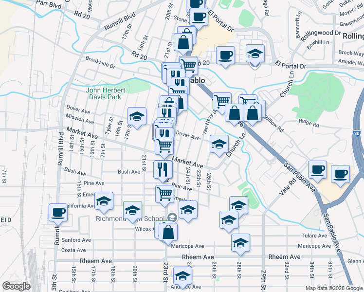 map of restaurants, bars, coffee shops, grocery stores, and more near 1850 Powell Street in San Pablo