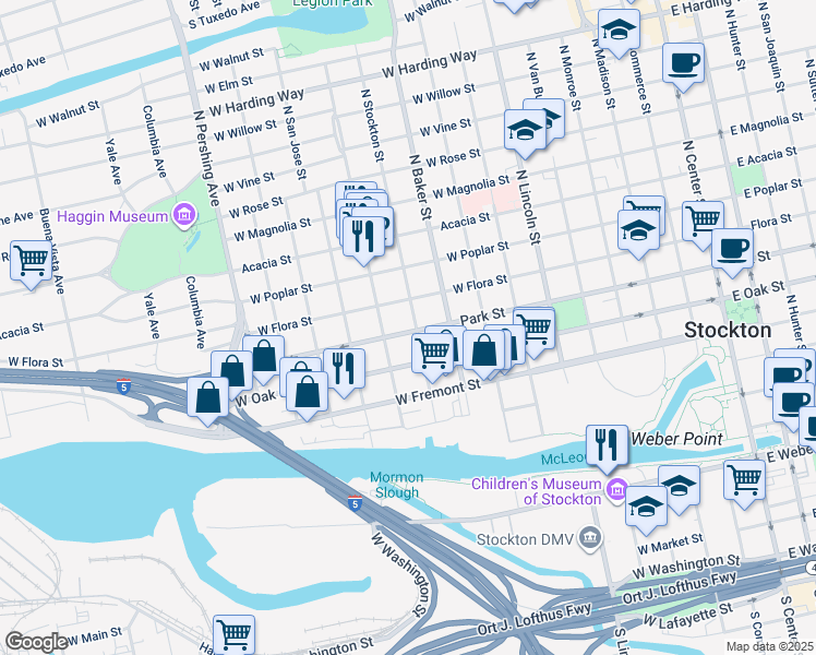 map of restaurants, bars, coffee shops, grocery stores, and more near 705 North Stockton Street in Stockton