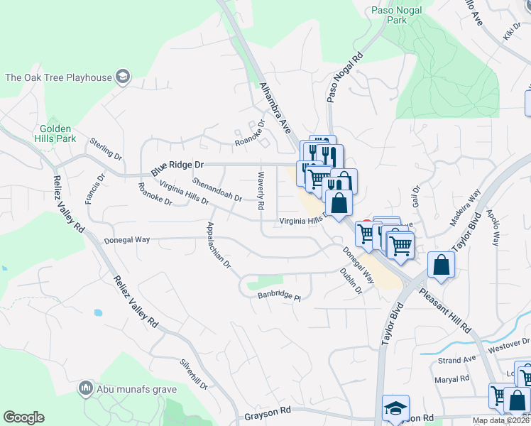 map of restaurants, bars, coffee shops, grocery stores, and more near 6661 Waverly Road in Martinez