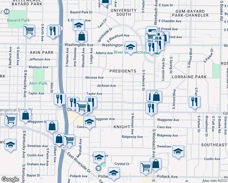 map of restaurants, bars, coffee shops, grocery stores, and more near 1600 Taylor Avenue in Evansville