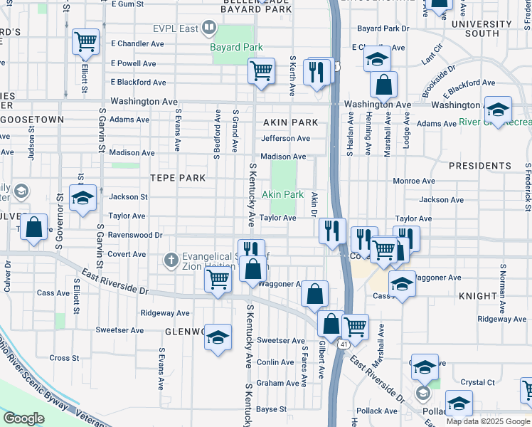map of restaurants, bars, coffee shops, grocery stores, and more near 1411 Park Drive in Evansville
