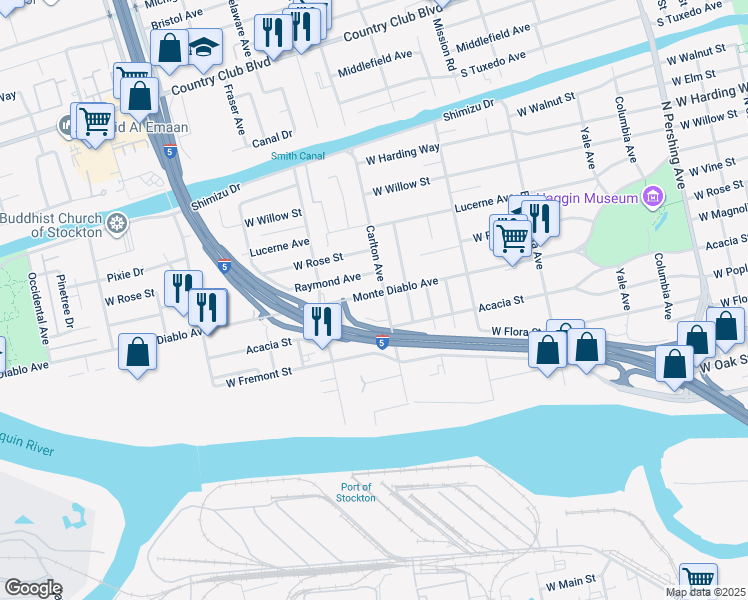 map of restaurants, bars, coffee shops, grocery stores, and more near 2122 Monte Diablo Avenue in Stockton
