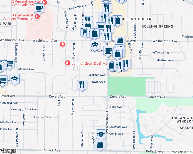 map of restaurants, bars, coffee shops, grocery stores, and more near Cring Avenue in Evansville