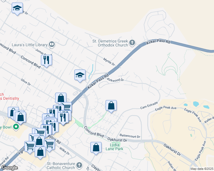 map of restaurants, bars, coffee shops, grocery stores, and more near 5450 Kirkwood Drive in Concord