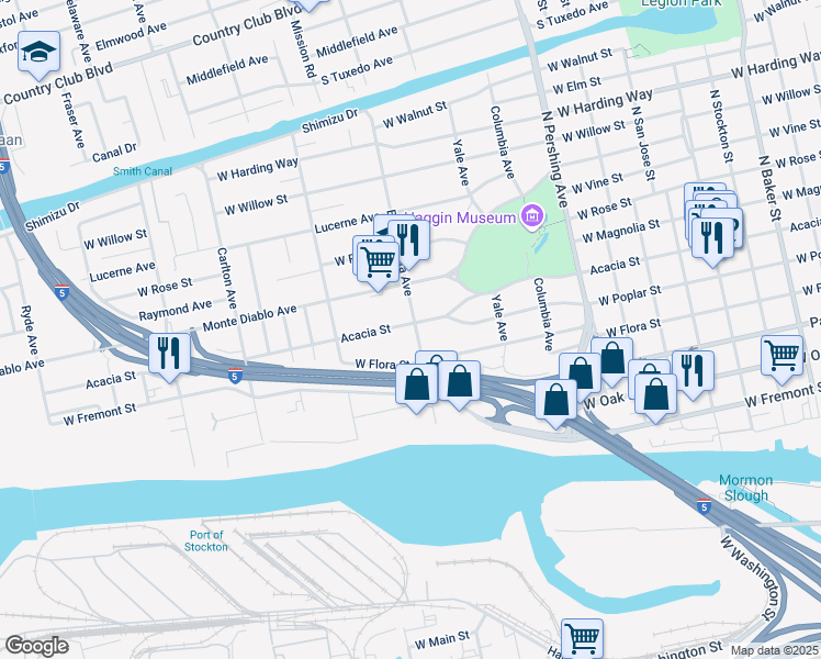 map of restaurants, bars, coffee shops, grocery stores, and more near 849 Buena Vista Avenue in Stockton