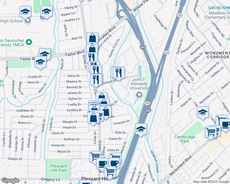 map of restaurants, bars, coffee shops, grocery stores, and more near 200-800 Longbrook Way in Pleasant Hill