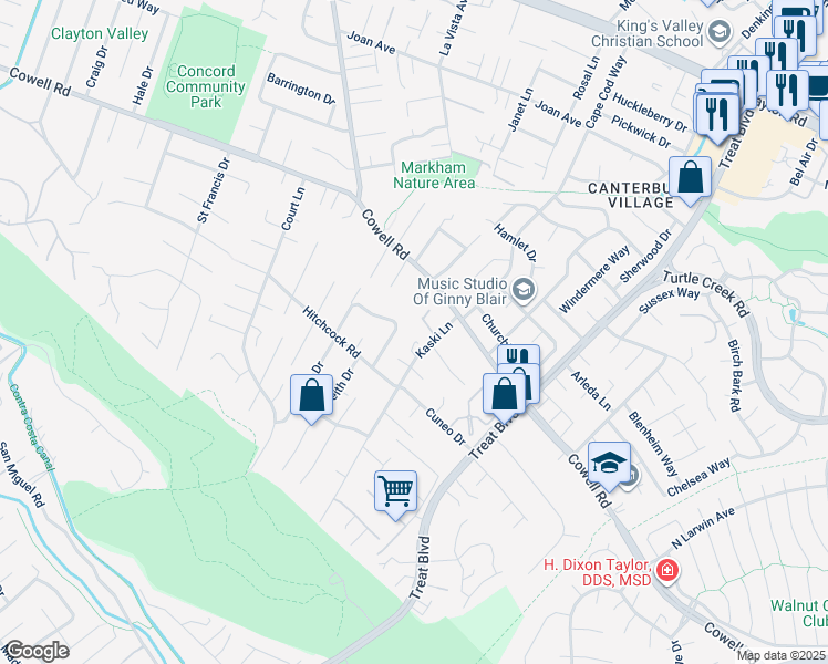map of restaurants, bars, coffee shops, grocery stores, and more near 1187 Kaski Lane in Concord