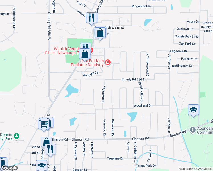 map of restaurants, bars, coffee shops, grocery stores, and more near 5300 Ironwood Drive in Newburgh