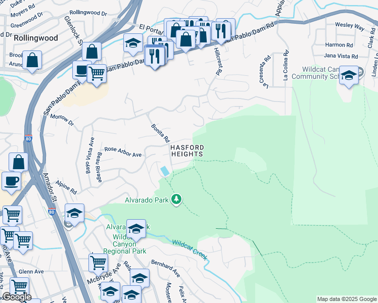 map of restaurants, bars, coffee shops, grocery stores, and more near 6324 Bonita Court in Richmond
