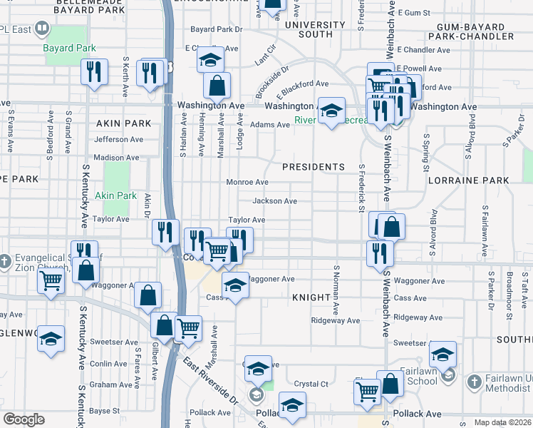 map of restaurants, bars, coffee shops, grocery stores, and more near 1500 Taylor Avenue in Evansville
