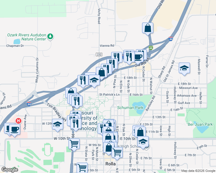 map of restaurants, bars, coffee shops, grocery stores, and more near 1701 North Pine Street in Rolla