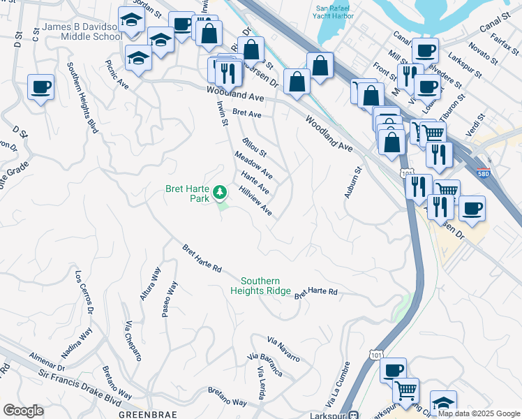 map of restaurants, bars, coffee shops, grocery stores, and more near 54 Hillview Avenue in San Rafael