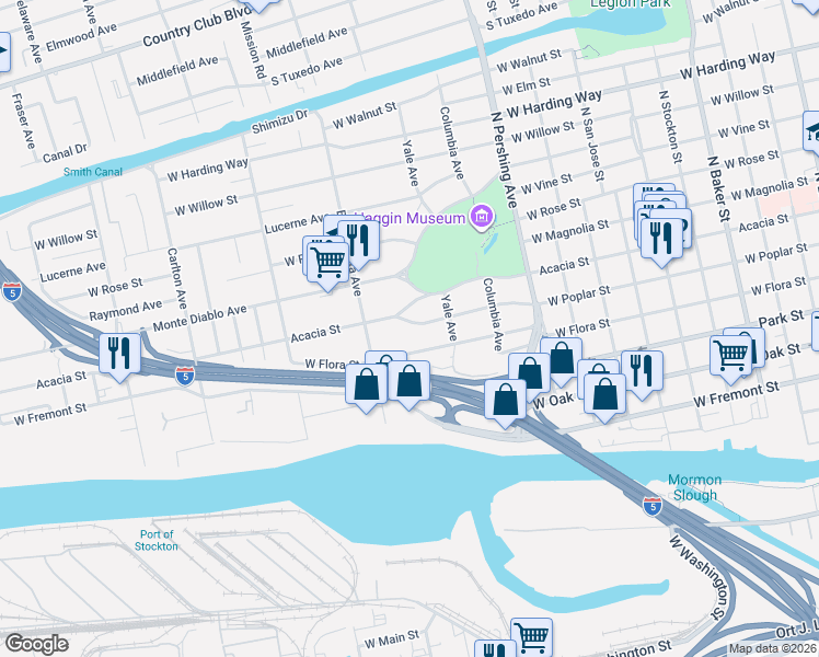 map of restaurants, bars, coffee shops, grocery stores, and more near 1676 West Poplar Street in Stockton