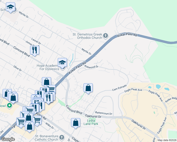 map of restaurants, bars, coffee shops, grocery stores, and more near 5450 Kirkwood Drive in Concord