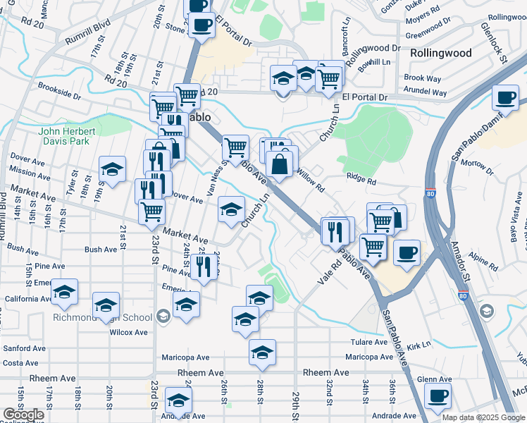map of restaurants, bars, coffee shops, grocery stores, and more near in San Pablo
