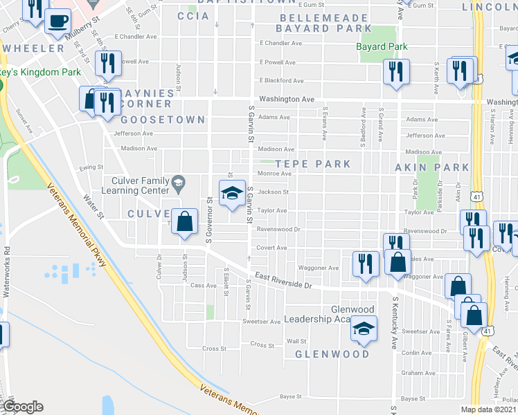 map of restaurants, bars, coffee shops, grocery stores, and more near 610 Taylor Avenue in Evansville