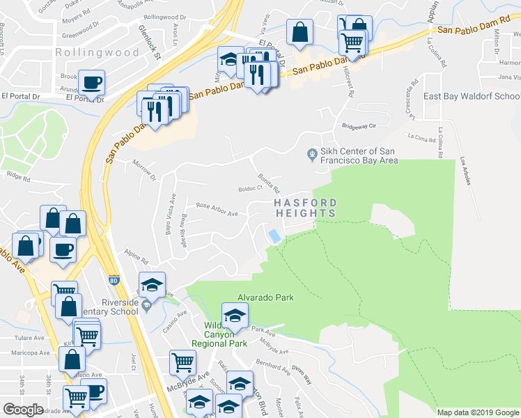 map of restaurants, bars, coffee shops, grocery stores, and more near 6228 North Arlington Boulevard in San Pablo