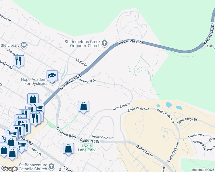 map of restaurants, bars, coffee shops, grocery stores, and more near 5465 Preston Court in Concord