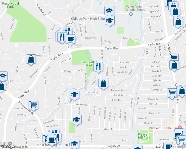 map of restaurants, bars, coffee shops, grocery stores, and more near 1711 Milburn Drive in Pleasant Hill