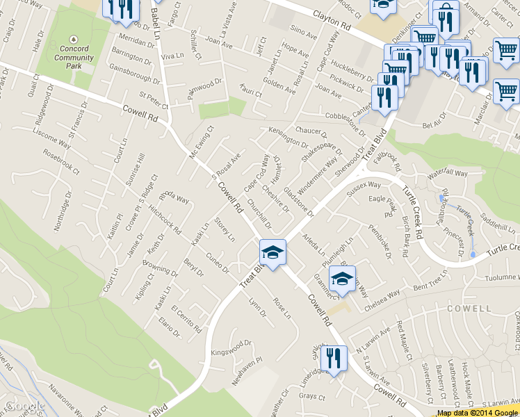 map of restaurants, bars, coffee shops, grocery stores, and more near 1211 Shakespeare Drive in Concord