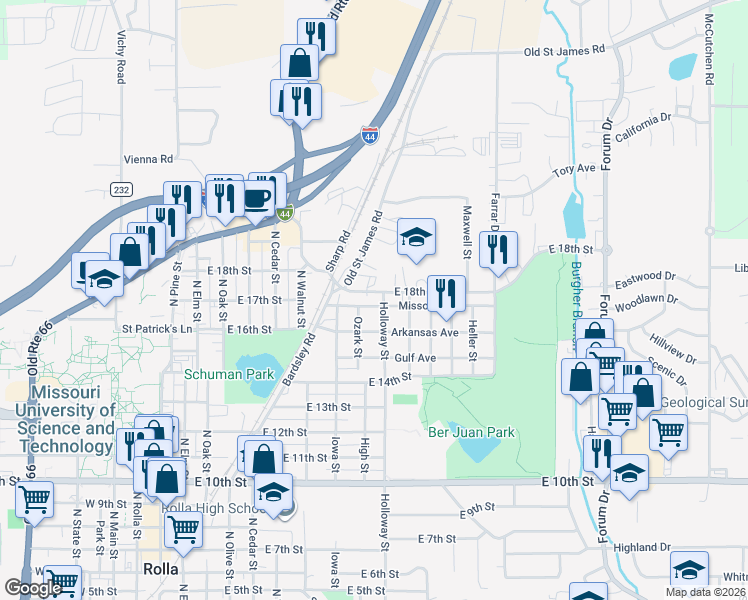 map of restaurants, bars, coffee shops, grocery stores, and more near 809 Missouri Avenue in Rolla