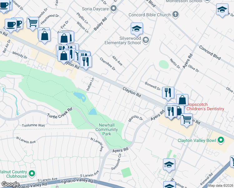 map of restaurants, bars, coffee shops, grocery stores, and more near 1481 Willcrest Drive in Concord
