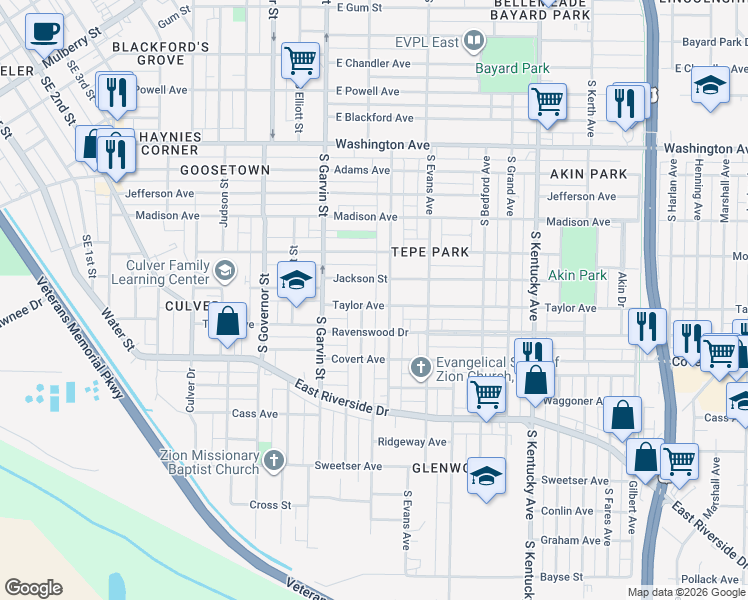 map of restaurants, bars, coffee shops, grocery stores, and more near 654 Taylor Avenue in Evansville