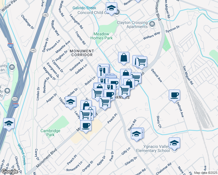 map of restaurants, bars, coffee shops, grocery stores, and more near 1130 Meadow Lane in Concord