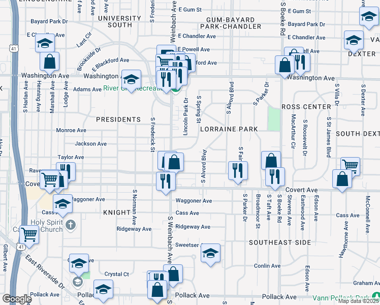 map of restaurants, bars, coffee shops, grocery stores, and more near 2031 Taylor Avenue in Evansville