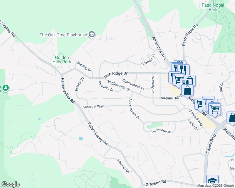 map of restaurants, bars, coffee shops, grocery stores, and more near 421 Roanoke Drive in Martinez