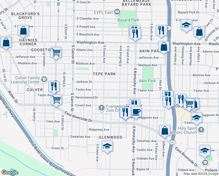 map of restaurants, bars, coffee shops, grocery stores, and more near 806 Taylor Avenue in Evansville
